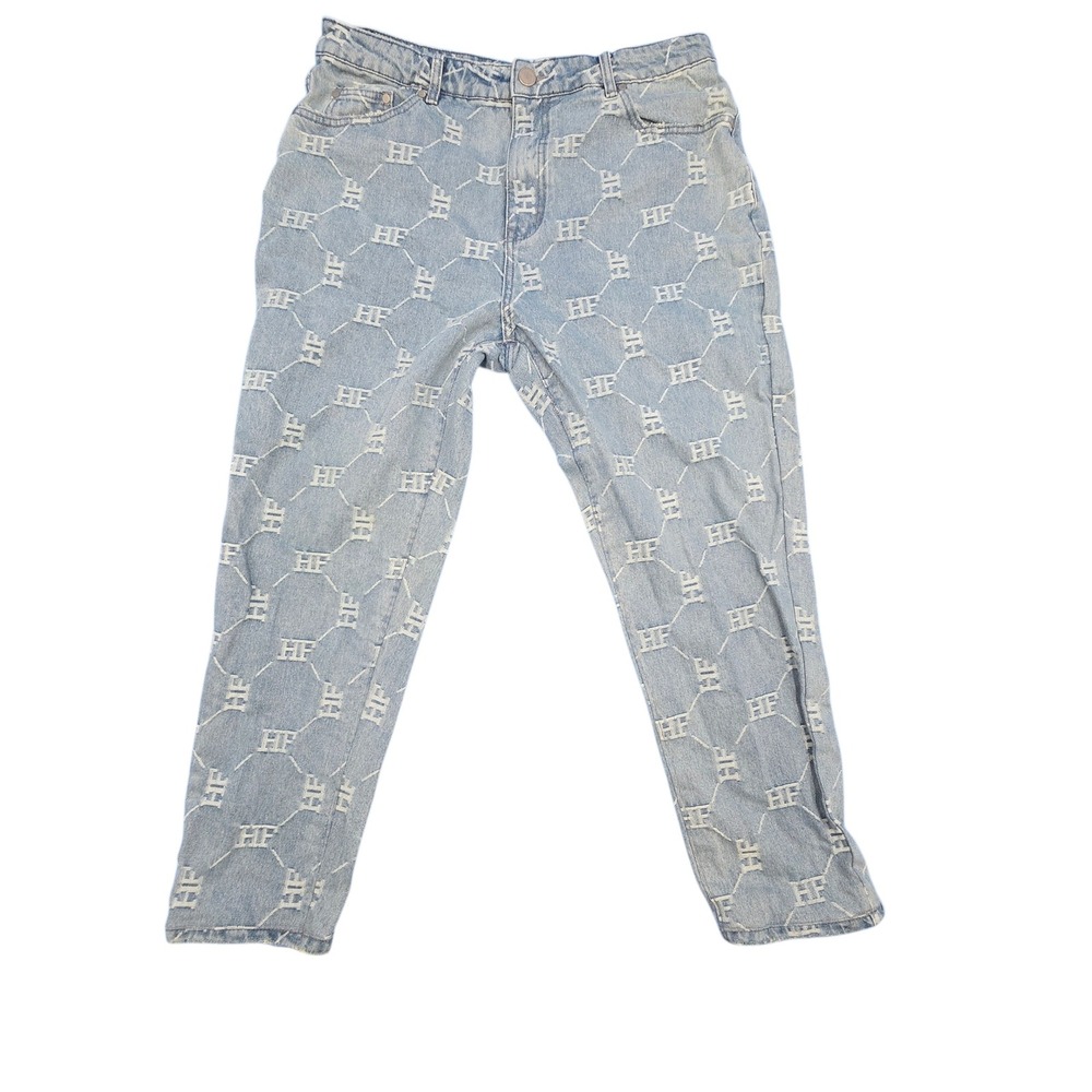 Homme Femme Monogram Denim Jeans Light Wash Blue HF Logo Streetwear Mens 36